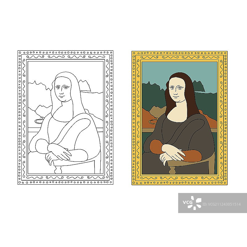 莱昂纳多《蒙娜丽莎》的线性扁平肖像图片素材