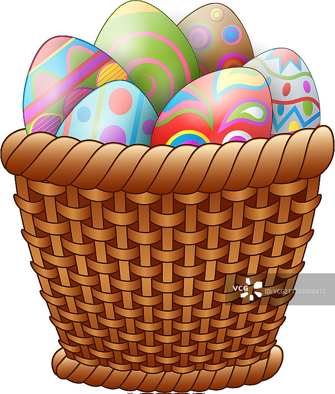 装有复活节彩蛋的篮子，白色背景图片素材