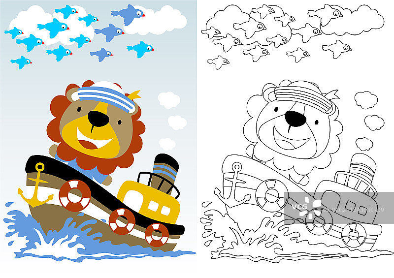 狮子水手在船上涂色书或页面图片素材