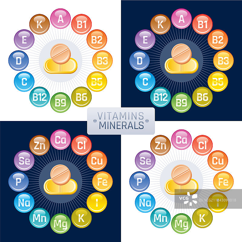 矿物质维生素补充剂图标A、B、C、D、E图片素材