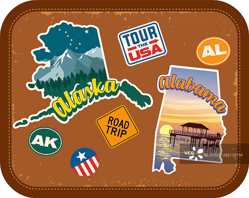 阿拉斯加州和阿拉巴马州旅行贴纸图片素材