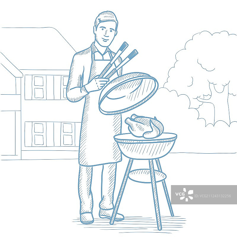 男人在烧烤架上烤鸡肉图片素材