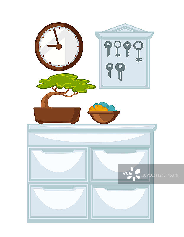 带木制时钟和钥匙的亮面抽屉柜图片素材