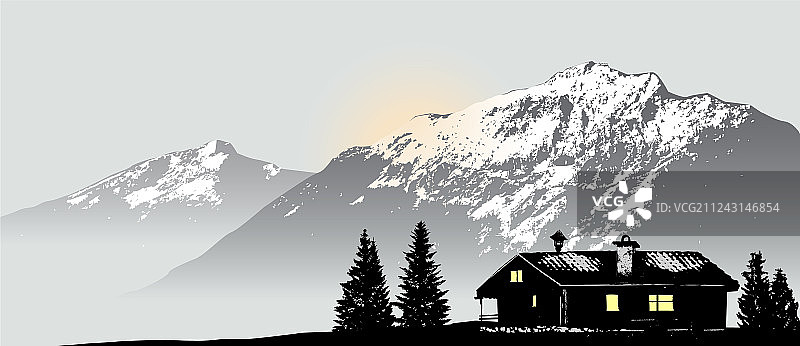 有孤独小屋的山景图片素材