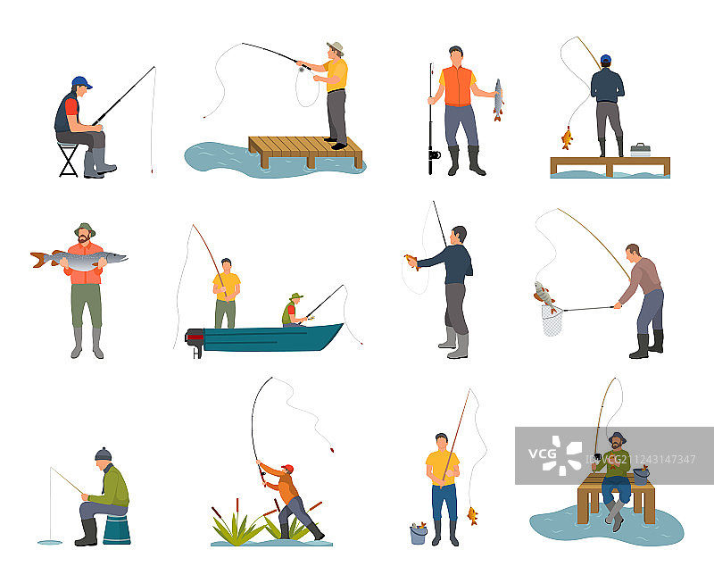 渔夫和钓鱼竿套装图片素材