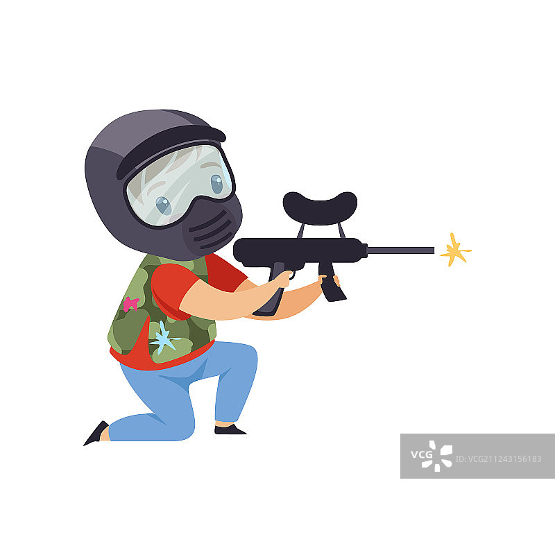 戴着面具和背心的男孩用枪瞄准图片素材