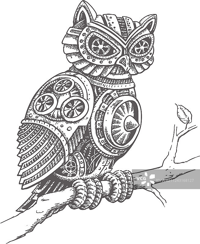 蒸汽朋克风格的树枝上的机械猫头鹰图片素材