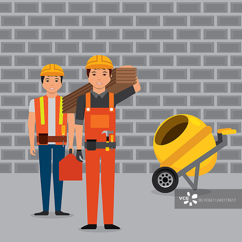 建筑工人、木板和工具箱图片素材