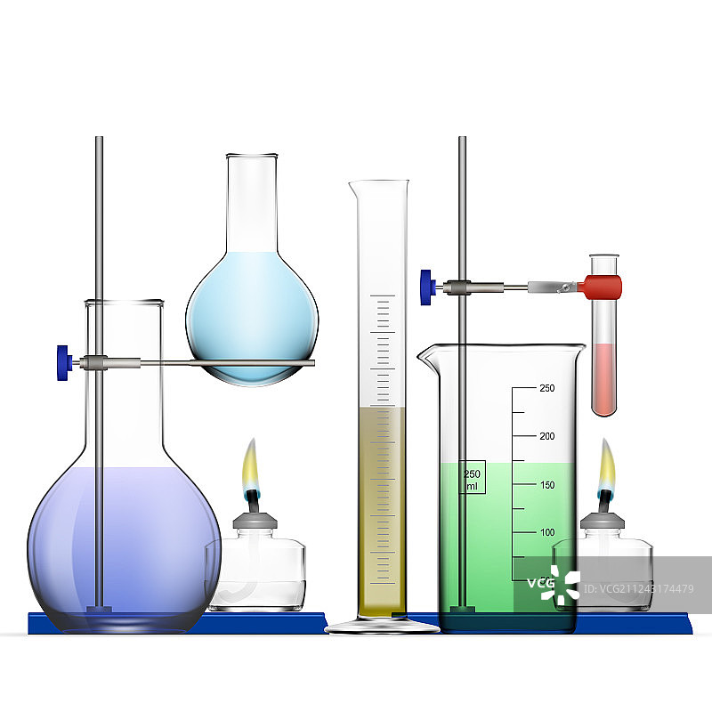逼真化学实验室玻璃器皿套装图片素材