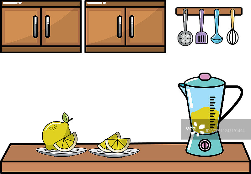 带搅拌机和水果设计的厨房图片素材