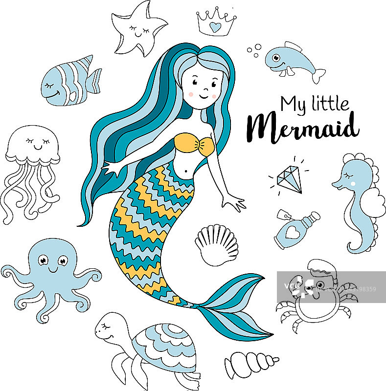 可爱的小美人鱼与海洋动物图片素材