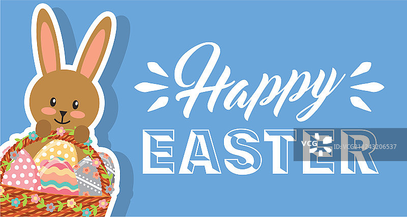 兔子抱着鲜花篮和复活节彩蛋图片素材