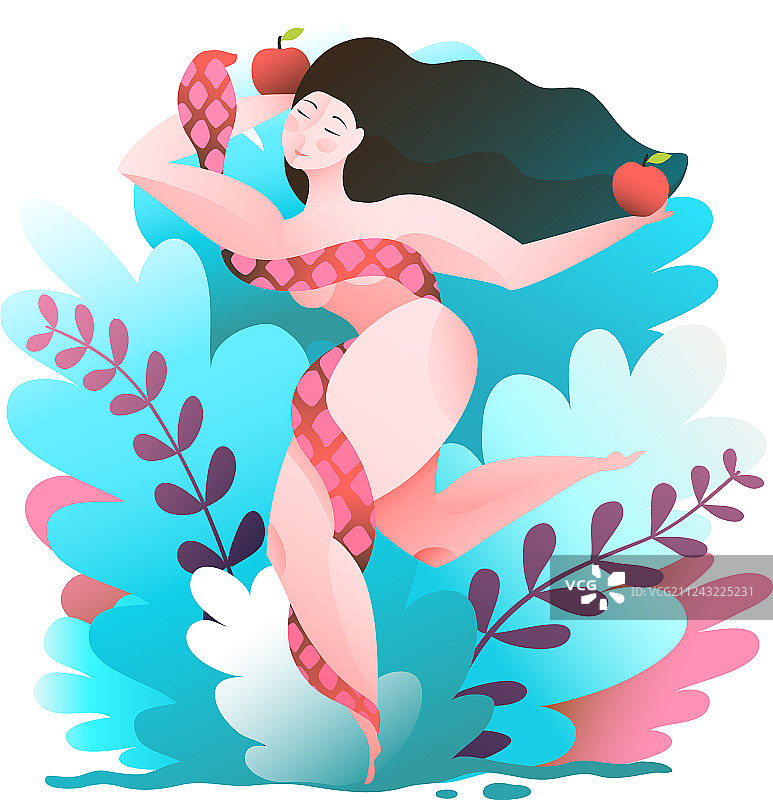 女人在有蛇和苹果的伊甸园里图片素材