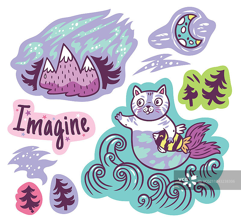 带有奇幻动物和短语的贴纸图片素材