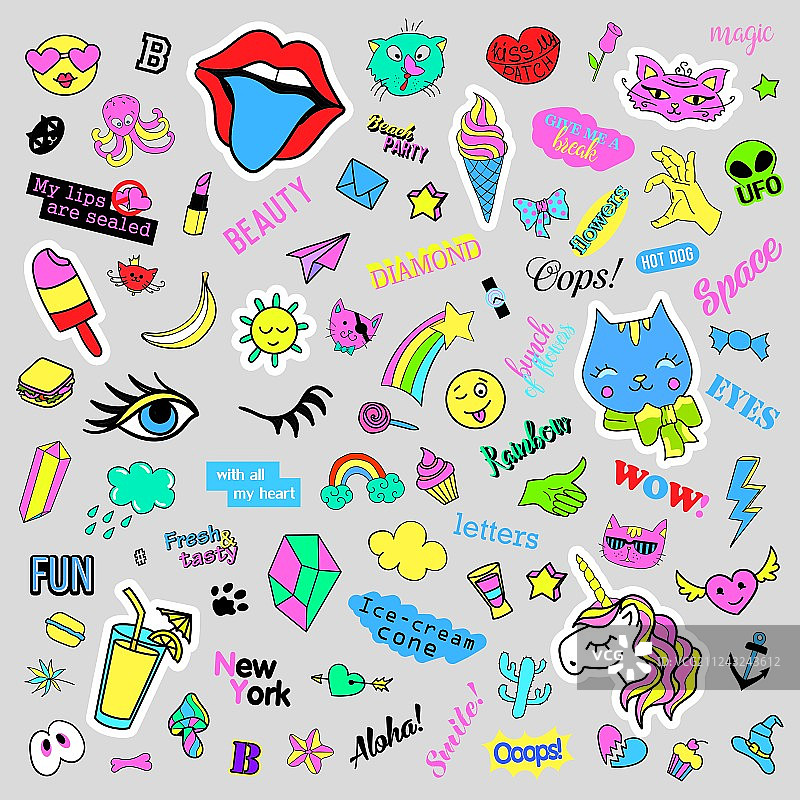 带有时尚古怪卡通涂鸦徽章图片素材