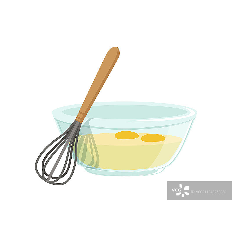 玻璃碗中的生鸡蛋和搅拌用的打蛋器图片素材