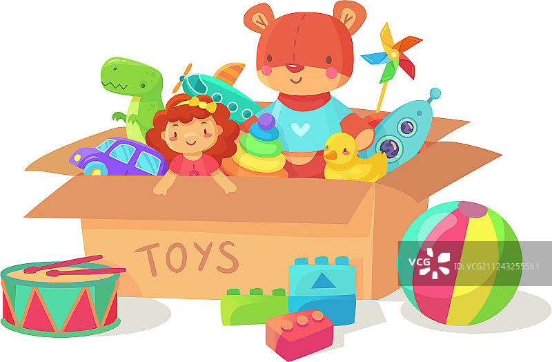 纸箱玩具盒里的卡通儿童玩具图片素材