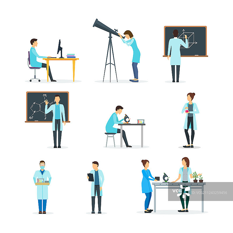 卡通生物学家化学家和物理学家图片素材