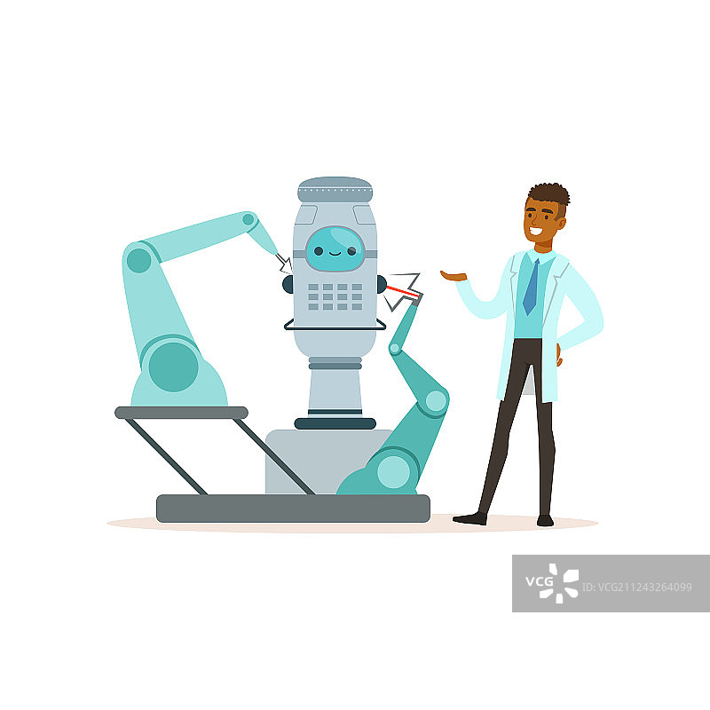 男科学家与机器人合作图片素材