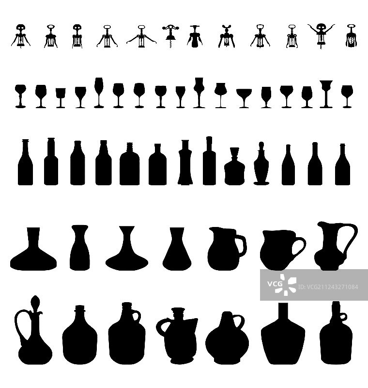 碗、瓶子、玻璃杯和开瓶器图片素材