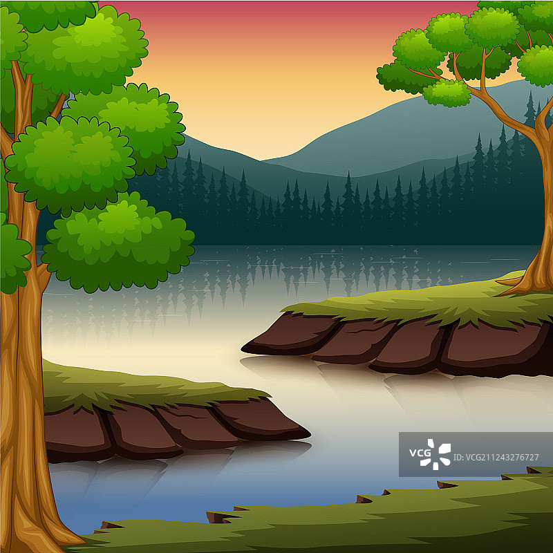 树木和河流的森林场景图片素材