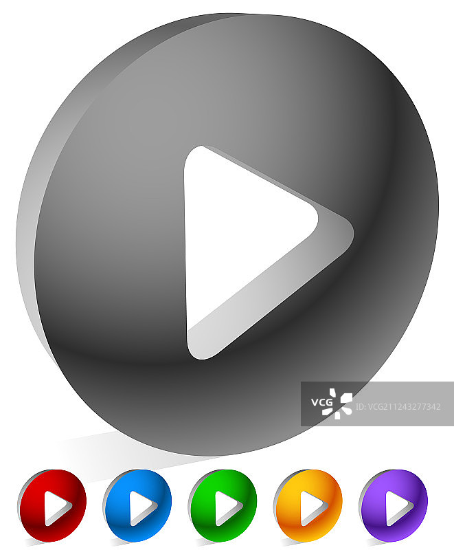 6种颜色的圆形3D播放按钮图标图片素材