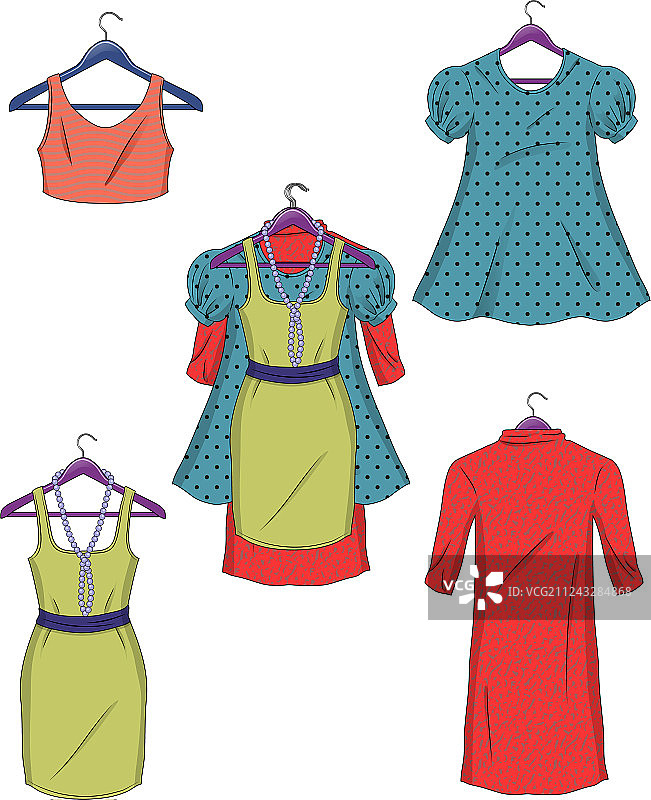 扁平风格的挂在衣架上的女士服装图片素材