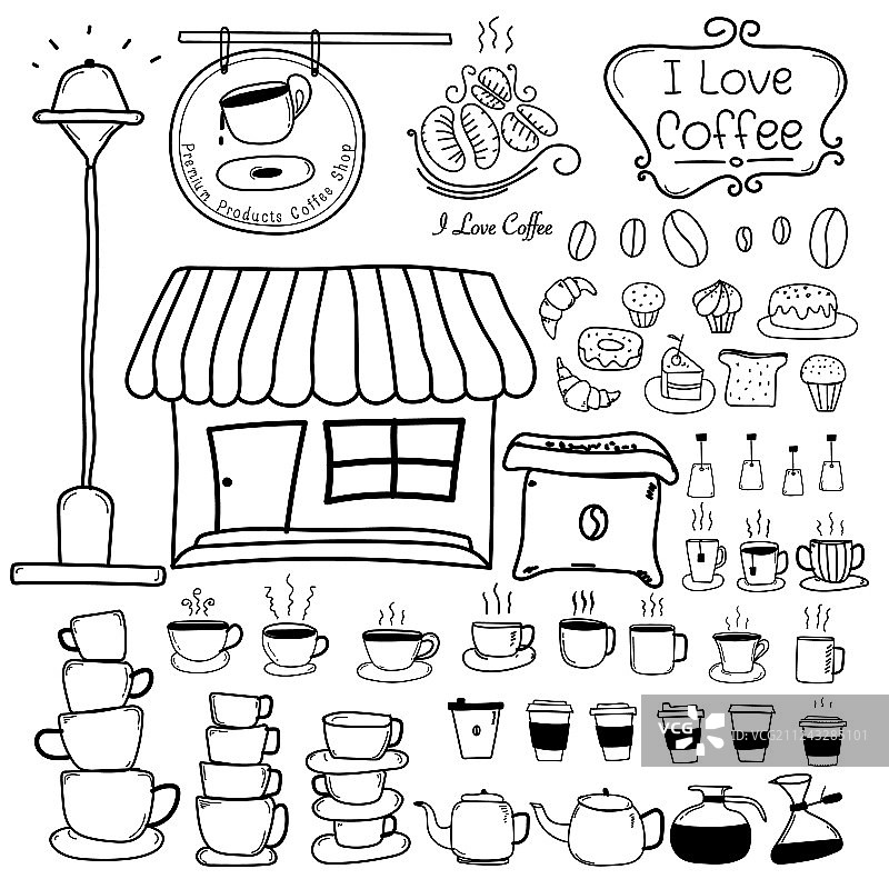 咖啡店手绘涂鸦线条图案图片素材