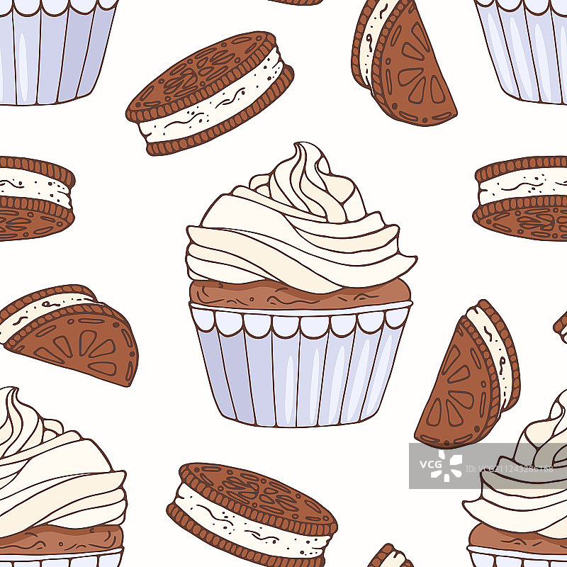 纸杯蛋糕涂鸦手绘无缝图案图片素材
