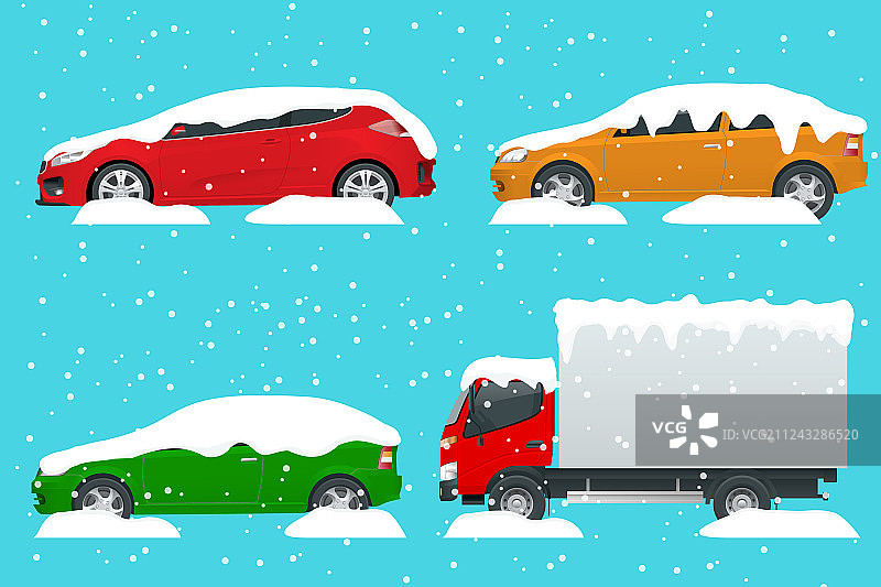 下雪天道路上被雪覆盖的汽车图片素材