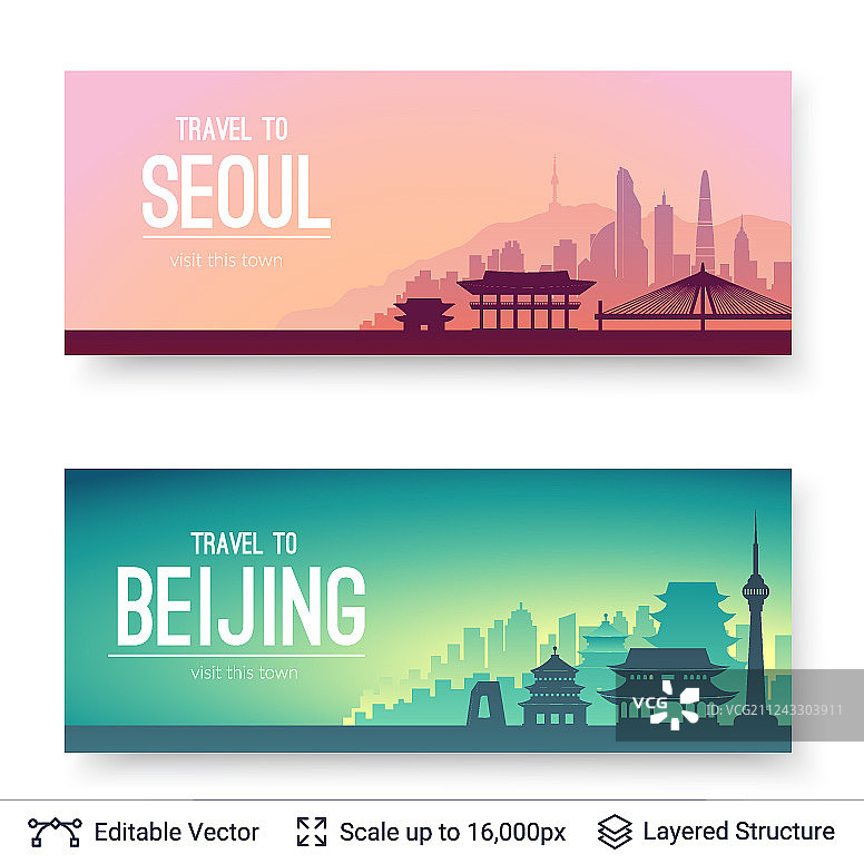 首尔和北京的著名城市景观图片素材