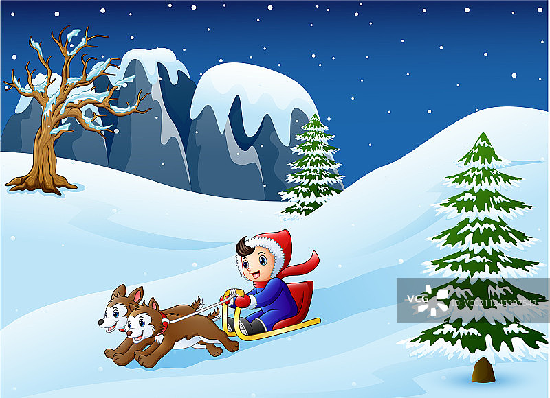 卡通男孩乘坐雪橇图片素材