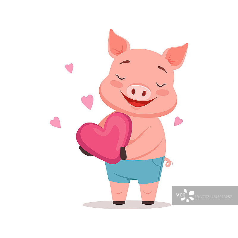抱着粉色爱心的可爱快乐的小猪卡通图片素材