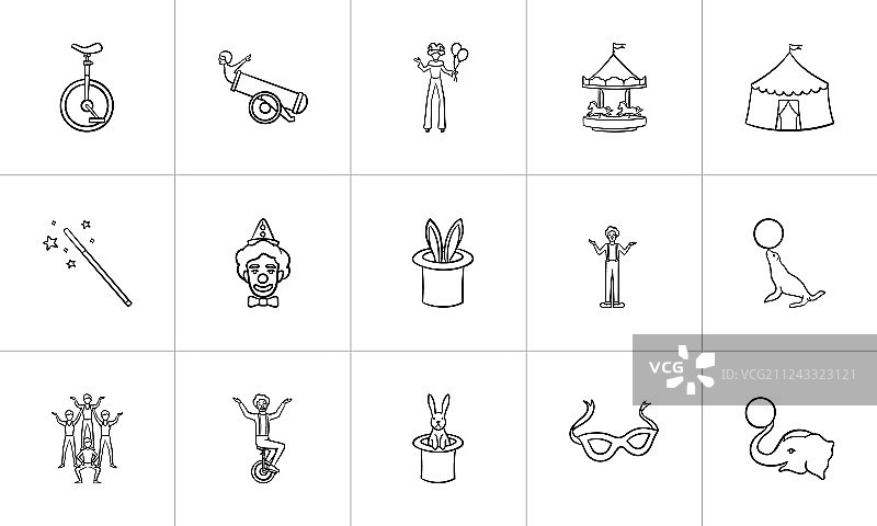 手绘马戏团素描图标集图片素材