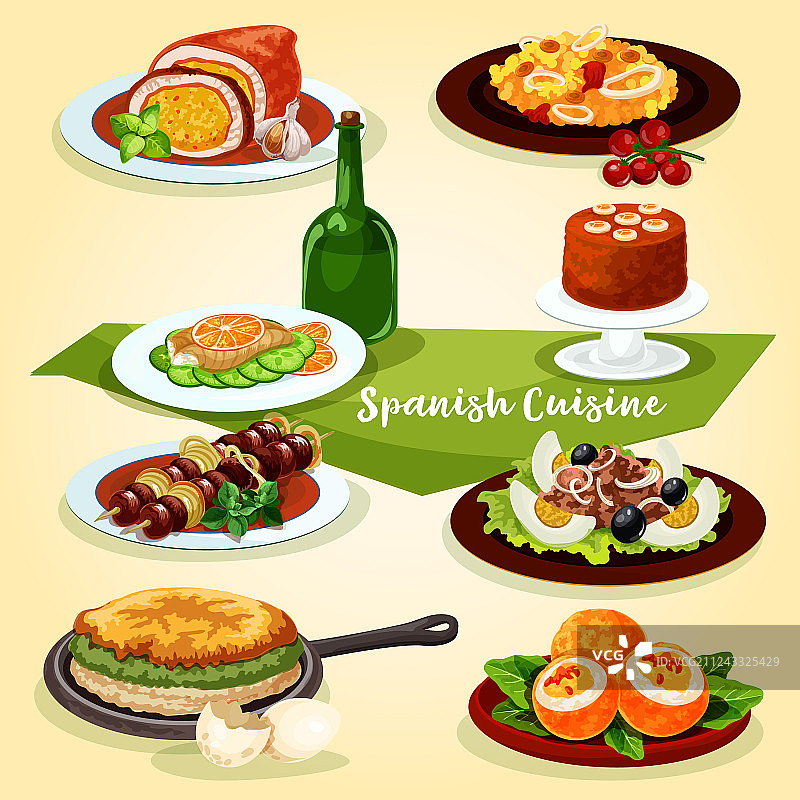西班牙美食午餐与甜点卡通图标图片素材