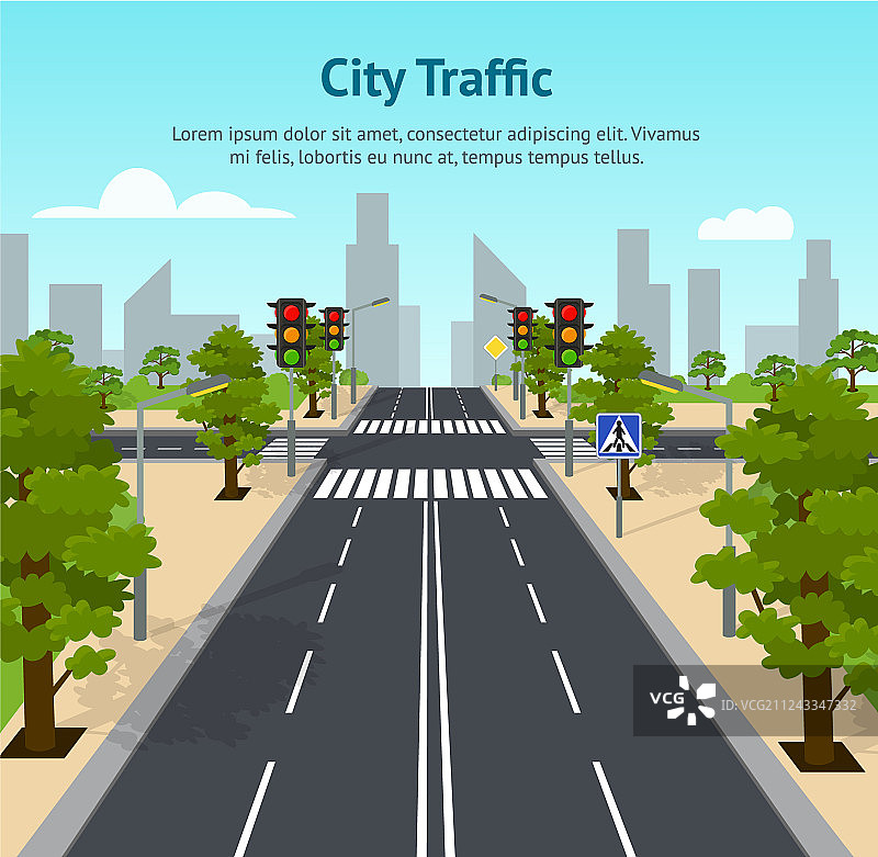 卡通城市十字路口交通灯海报图片素材