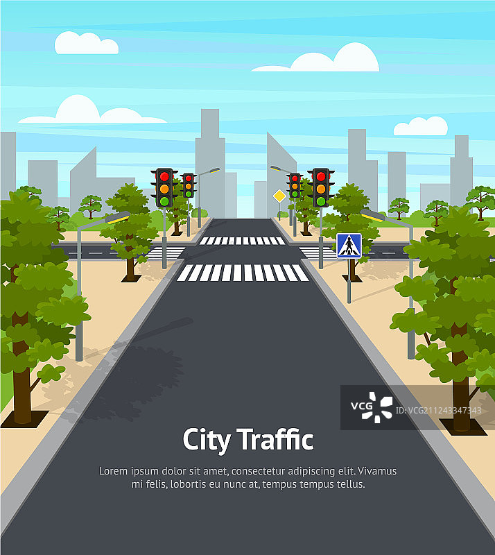 卡通城市十字路口交通灯海报图片素材