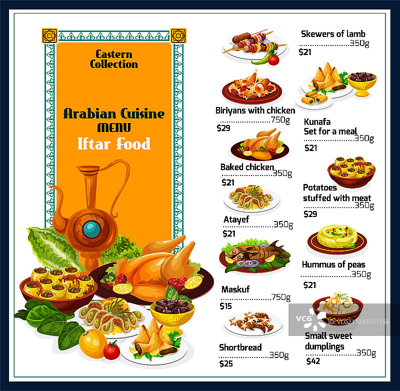 阿拉伯美食传统菜肴菜单图片素材
