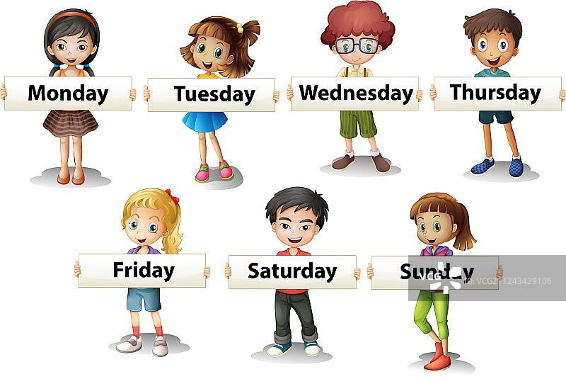 儿童举着写有星期几的卡片图片素材