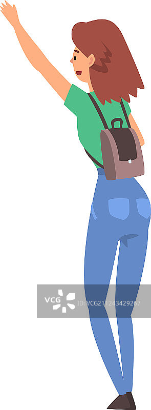 背着书包的女孩在招手打车（后视图）图片素材