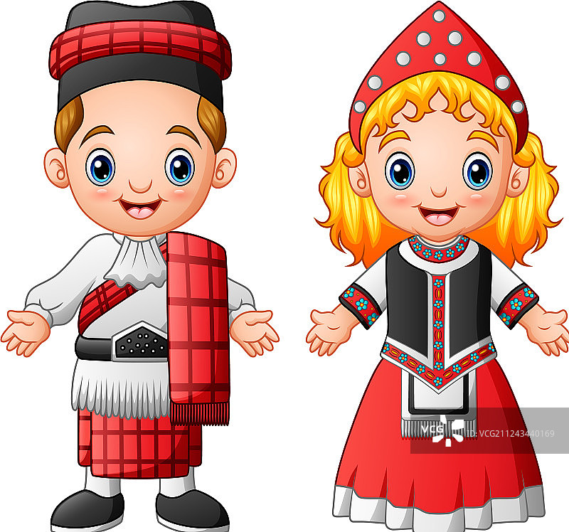 穿着传统服饰的苏格兰卡通情侣图片素材