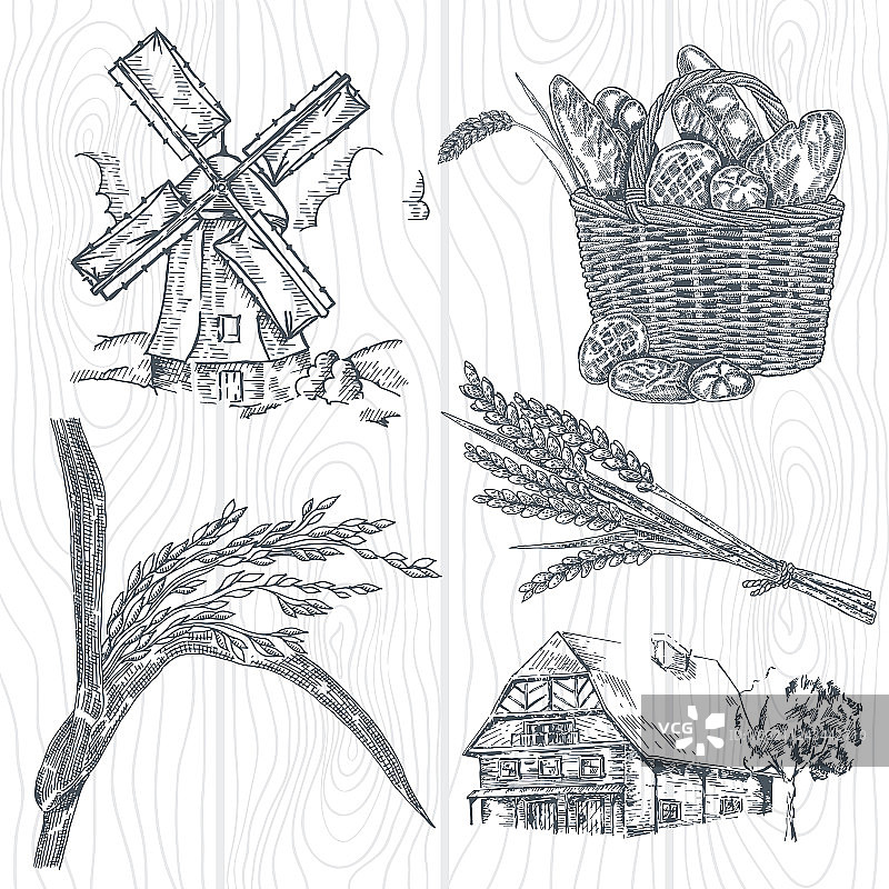 手绘面包房元素：风车、小麦农场图片素材