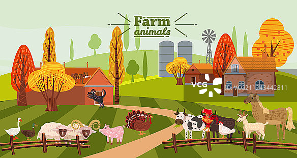 时尚可爱的农场动物和鸟类集合图片素材