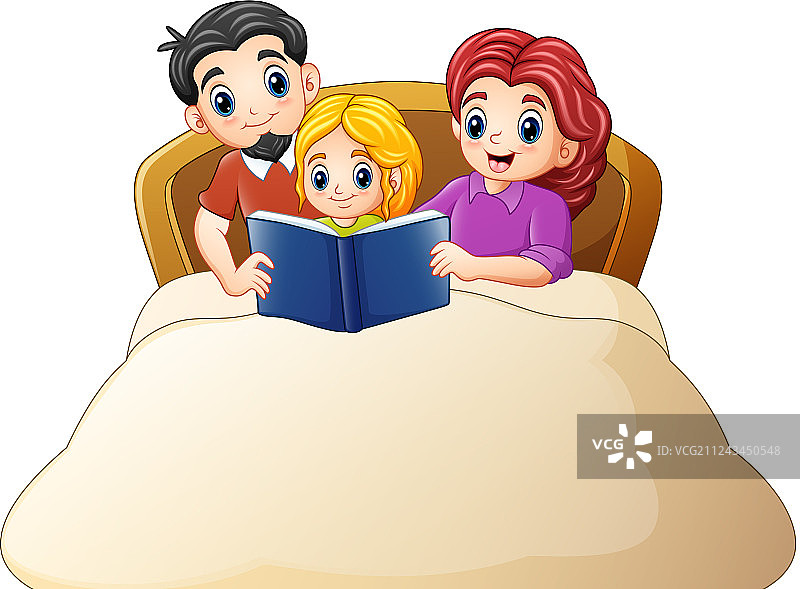 家人在床上给女儿读书图片素材