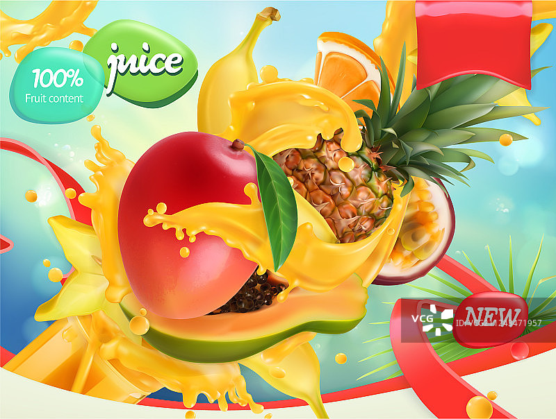 芒果香蕉菠萝混合果汁飞溅图片素材