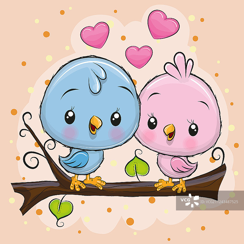 两只可爱的鸟栖息在树枝上图片素材