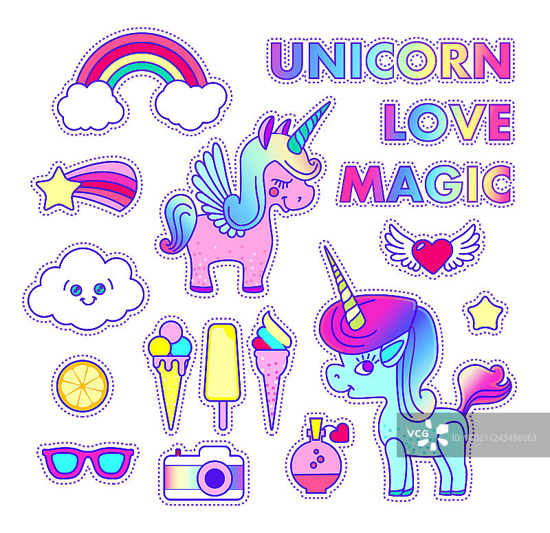 独角兽彩虹星星彗星贴纸套装图片素材