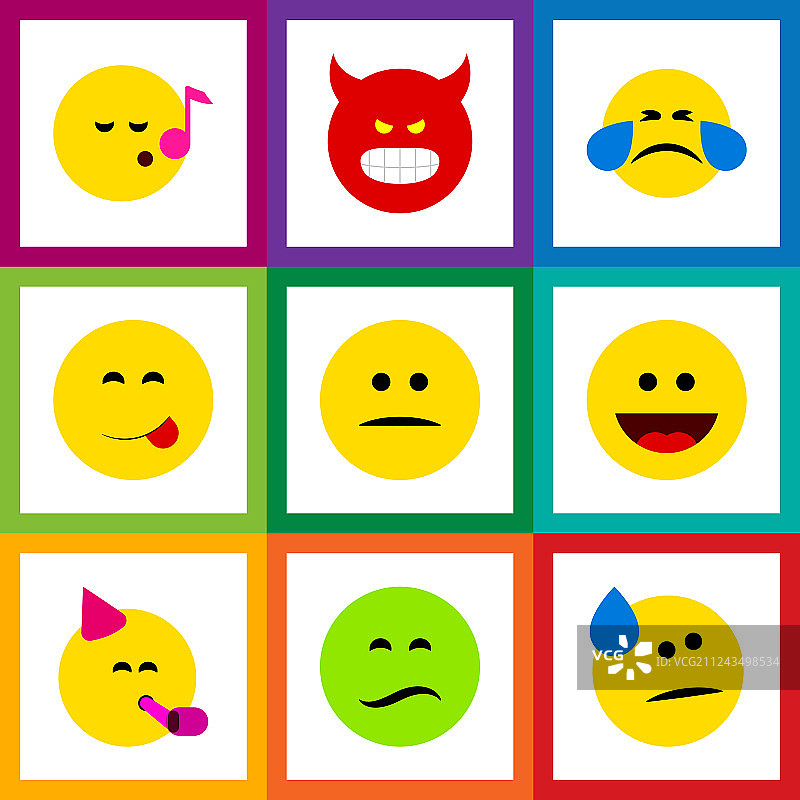 扁平风格的手势图标合集，包含嘟嘴、皱眉、笑等表情图片素材