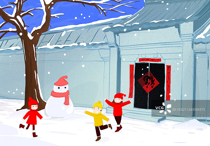 台历12月系列节日插画一月春节北京胡同堆雪人的小孩图片素材
