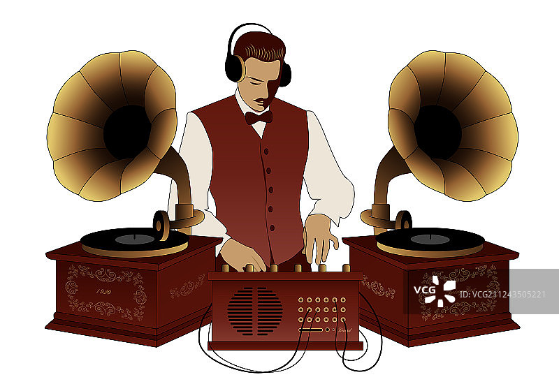复古风格的DJ，配有胡须、背心和领结图片素材